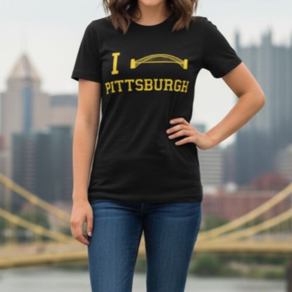 Lotus Tee Womens Black "I Love Pittsburgh" Shirt Size Medium Bridge Pennsylvania